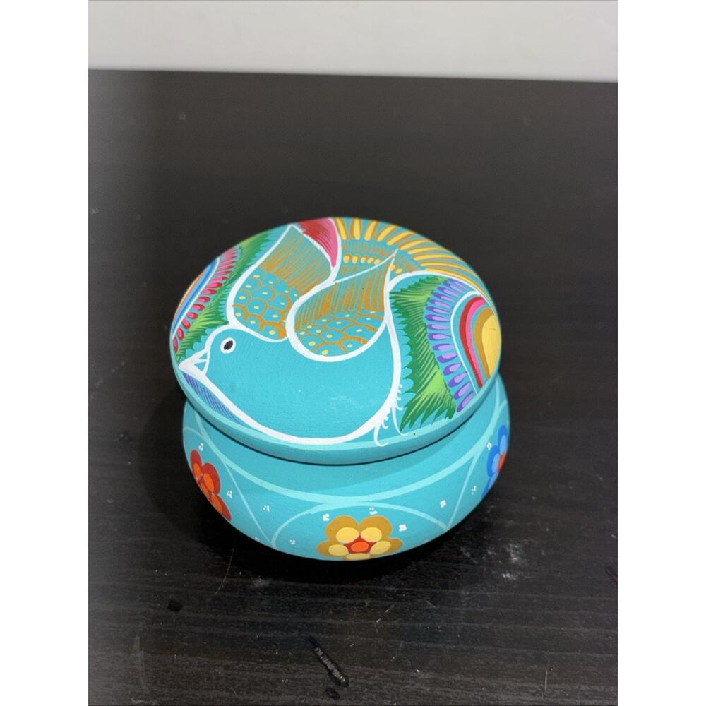 Mexican Terracotta Hand-Painted Clay Art Pottery Bird Design Trinket Box Signed